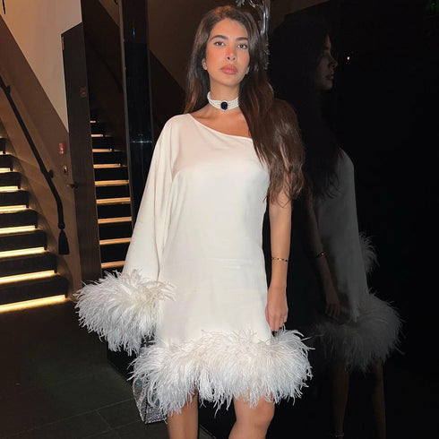 One Shoulder Fur Hem Cape Dress - ROUTINE FASHION